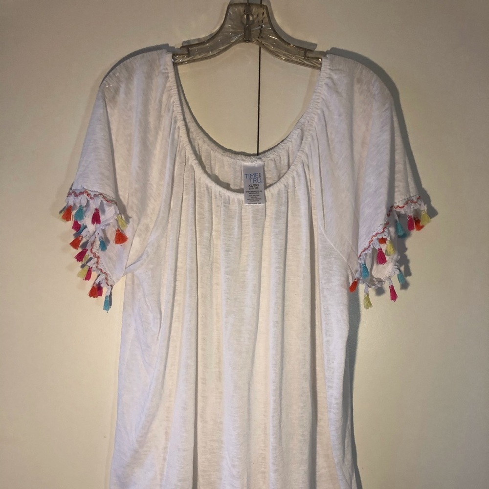 Time & Tru white Tee with colorful fringe